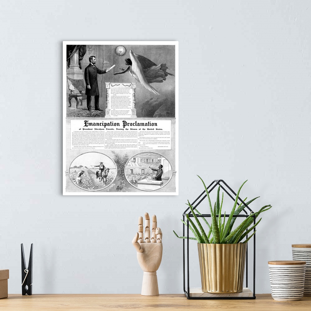 A bohemian room featuring Vintage American History print of President Abraham Lincoln handing a copy of The Emancipation Pr...