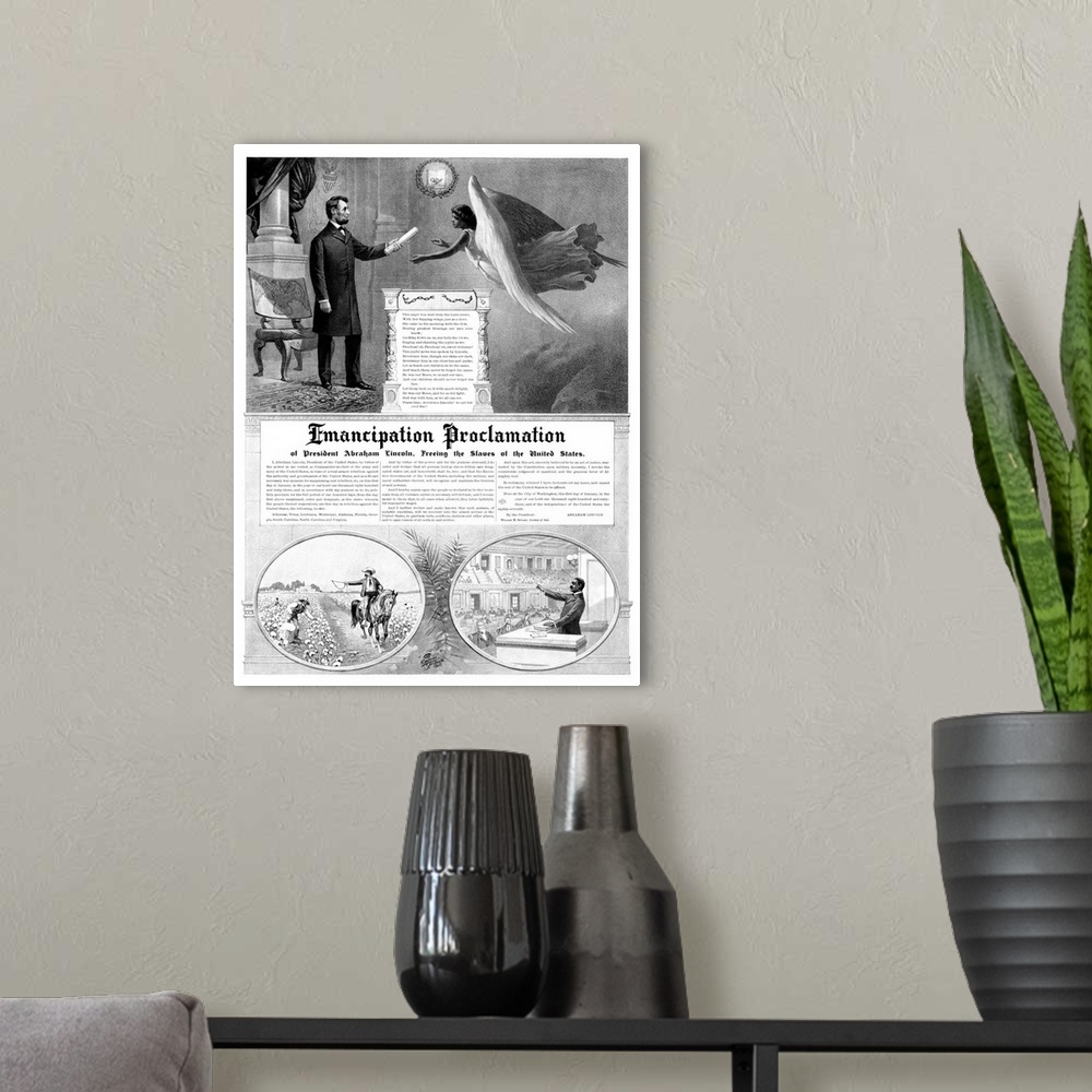 A modern room featuring Vintage American History print of President Abraham Lincoln handing a copy of The Emancipation Pr...