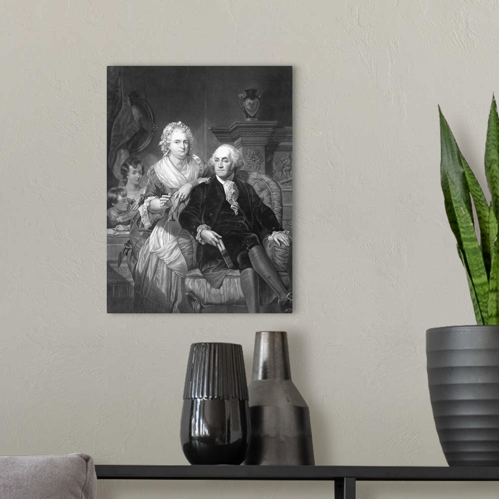 A modern room featuring American History print of President George Washington and his family.
