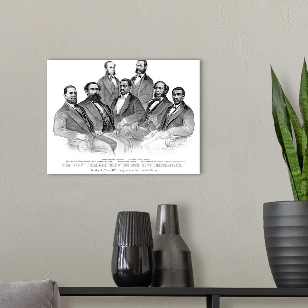 A modern room featuring Vintage American History print featuring the first African American Senator and Representatives i...
