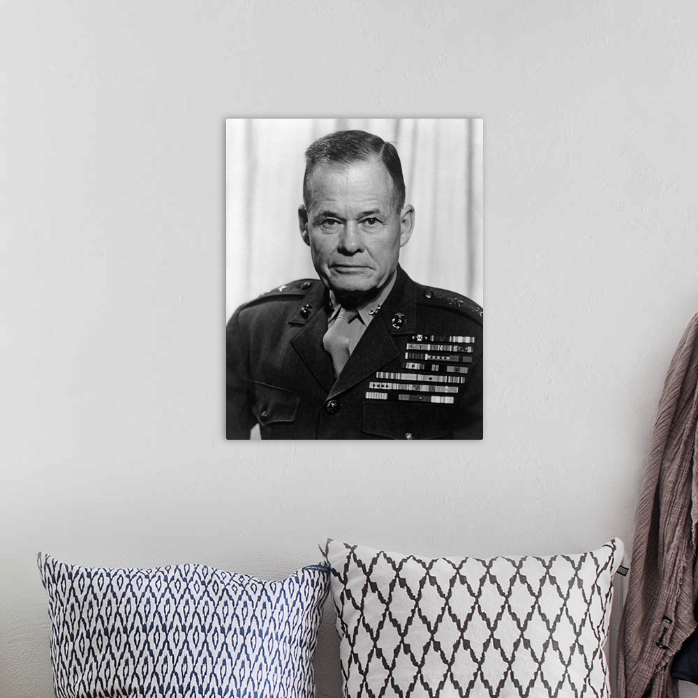 A bohemian room featuring American military history portrait of Lt. General Lewis Chesty Puller.