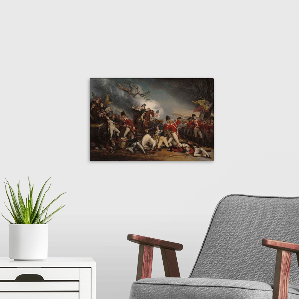 A modern room featuring American Revolutionary War painting of The Death of General Mercer at the Battle of Princeton.