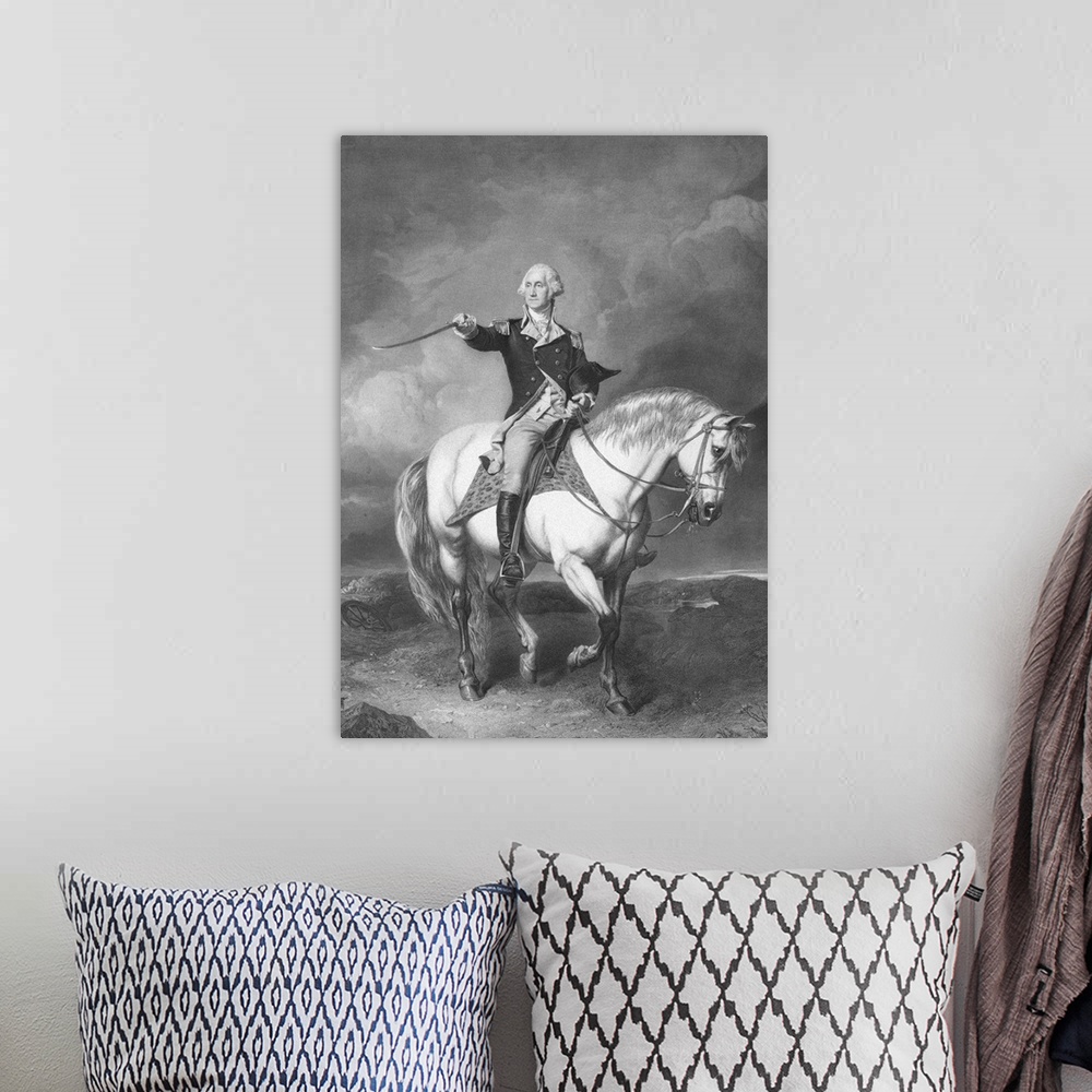 A bohemian room featuring Vintage American Revolutionary War print of General George Washington on horseback, his sword rai...