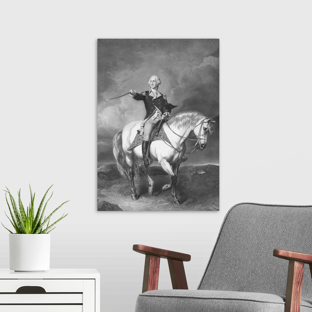 A modern room featuring Vintage American Revolutionary War print of General George Washington on horseback, his sword rai...