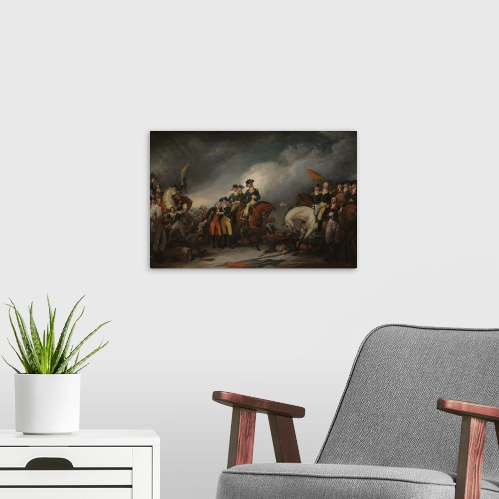 A modern room featuring American Revolutionary War painting of The Capture of the Hessians at Trenton, December 26, 1776.