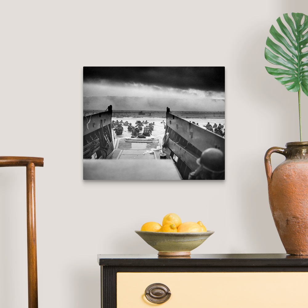 A traditional room featuring Digitally restored vintage World War II photo of American troops wading ashore on Omaha Beach dur...
