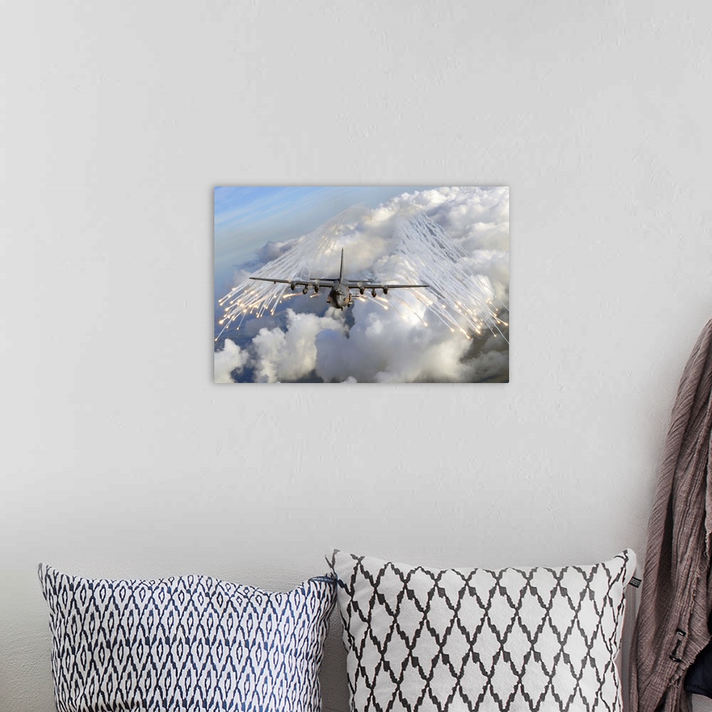 A bohemian room featuring Landscape photograph taken on August 20, 2008 of an AC-130U gunship dropping flares over an area ...