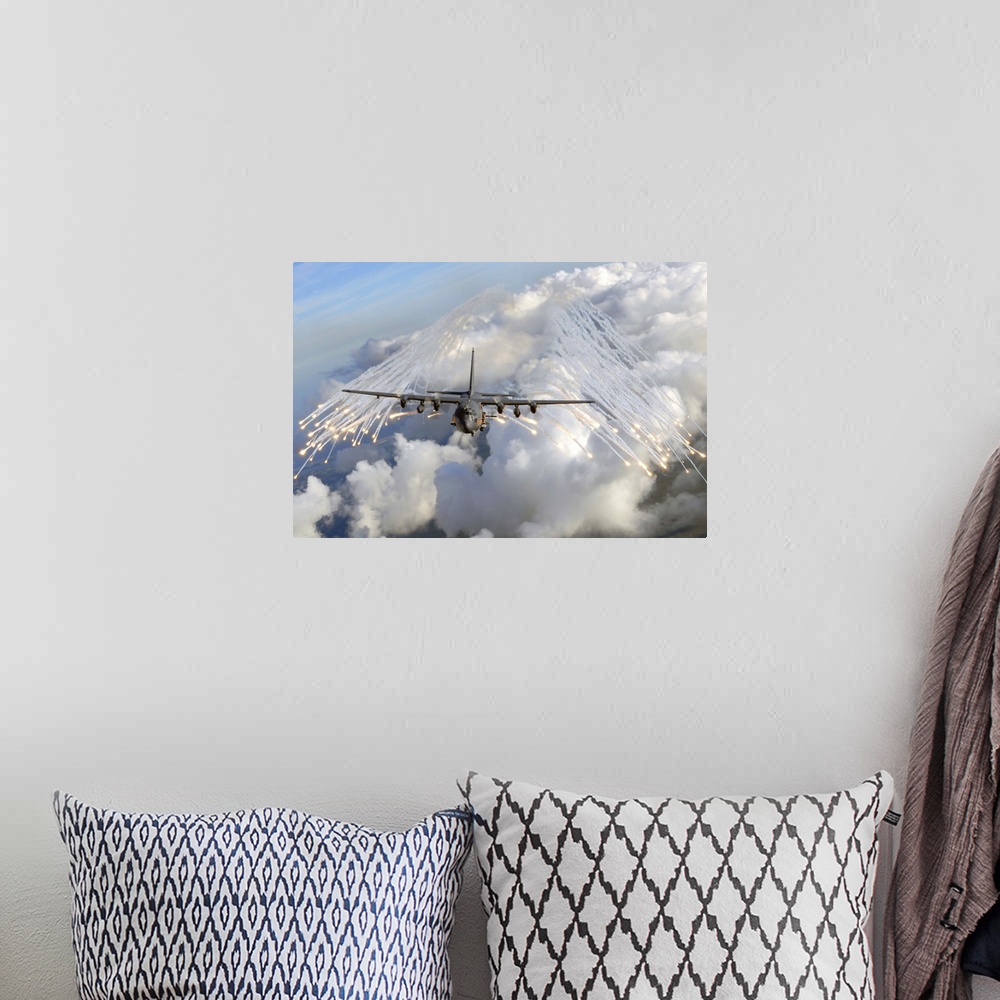 A bohemian room featuring Landscape photograph taken on August 20, 2008 of an AC-130U gunship dropping flares over an area ...
