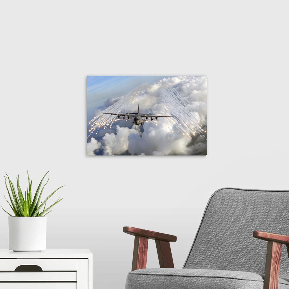 A modern room featuring Landscape photograph taken on August 20, 2008 of an AC-130U gunship dropping flares over an area ...