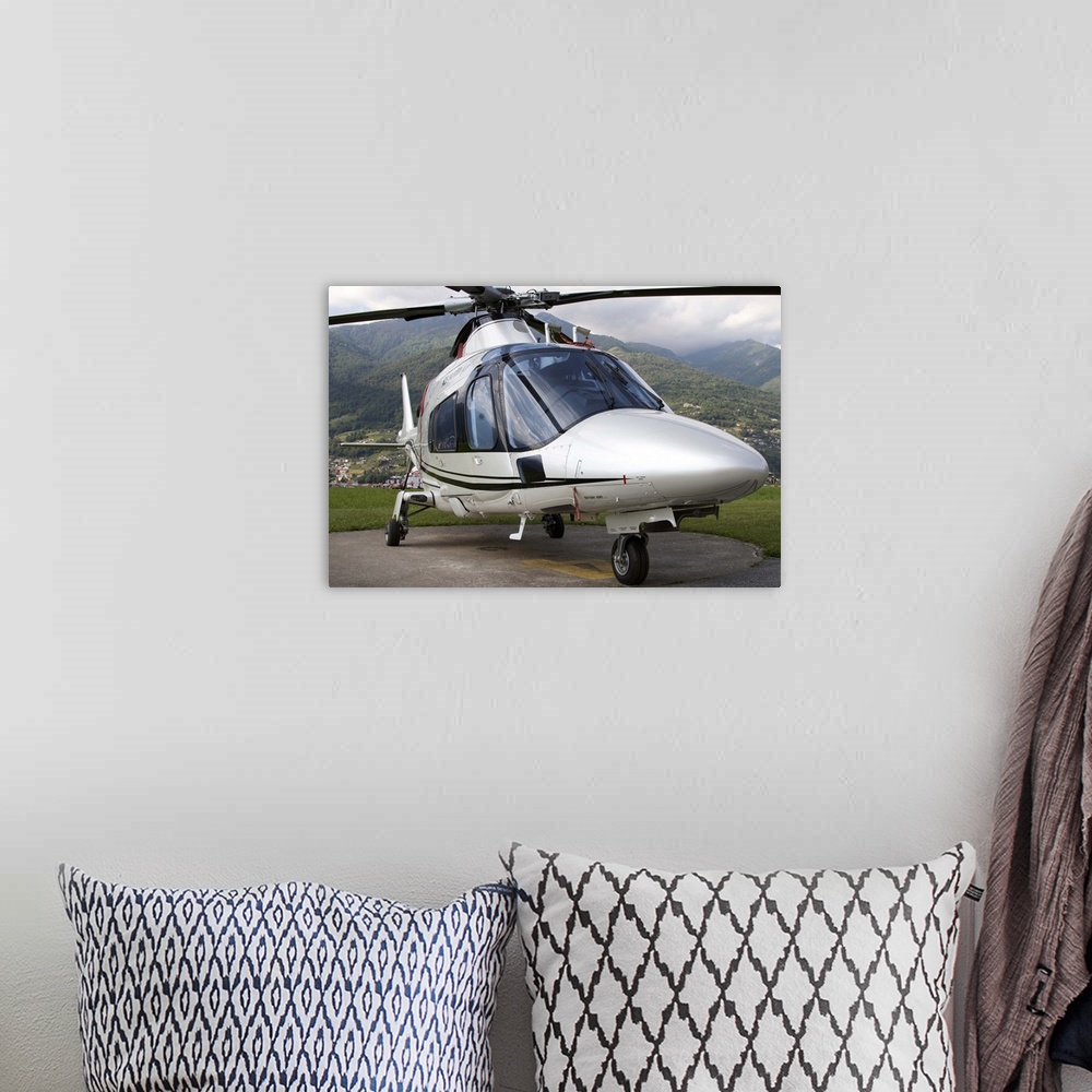 A bohemian room featuring An AgustaWestland A109 Power Elite helicopter, Locarno, Switzerland.
