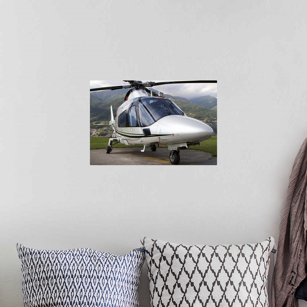 A bohemian room featuring An AgustaWestland A109 Power Elite helicopter, Locarno, Switzerland.