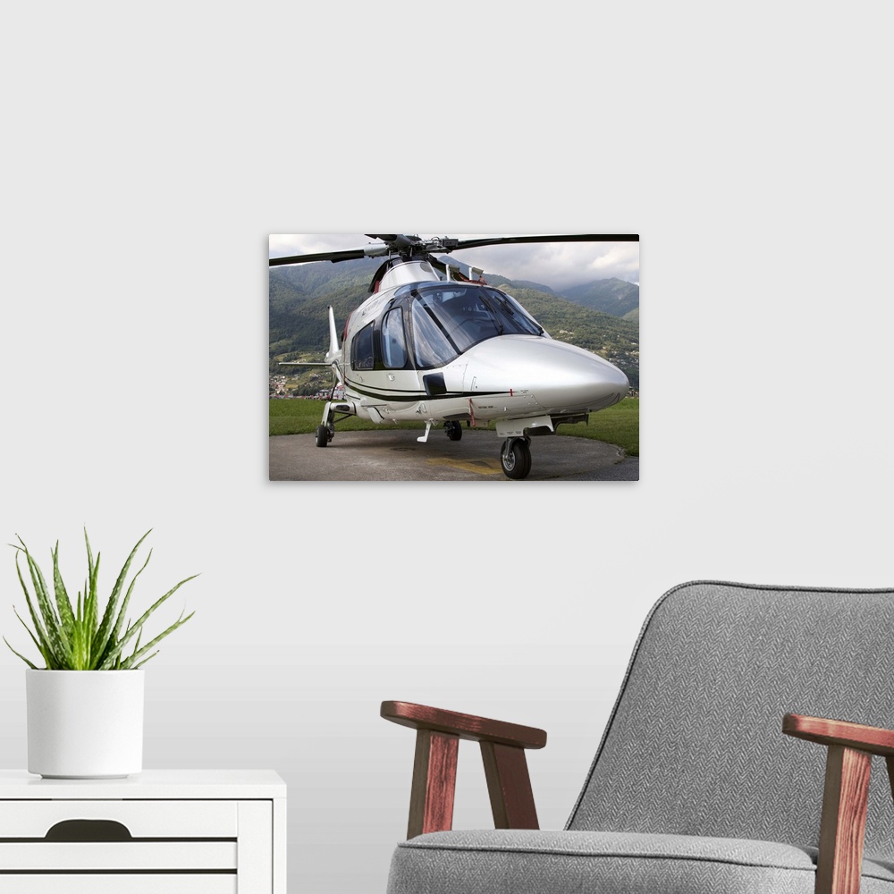A modern room featuring An AgustaWestland A109 Power Elite helicopter, Locarno, Switzerland.