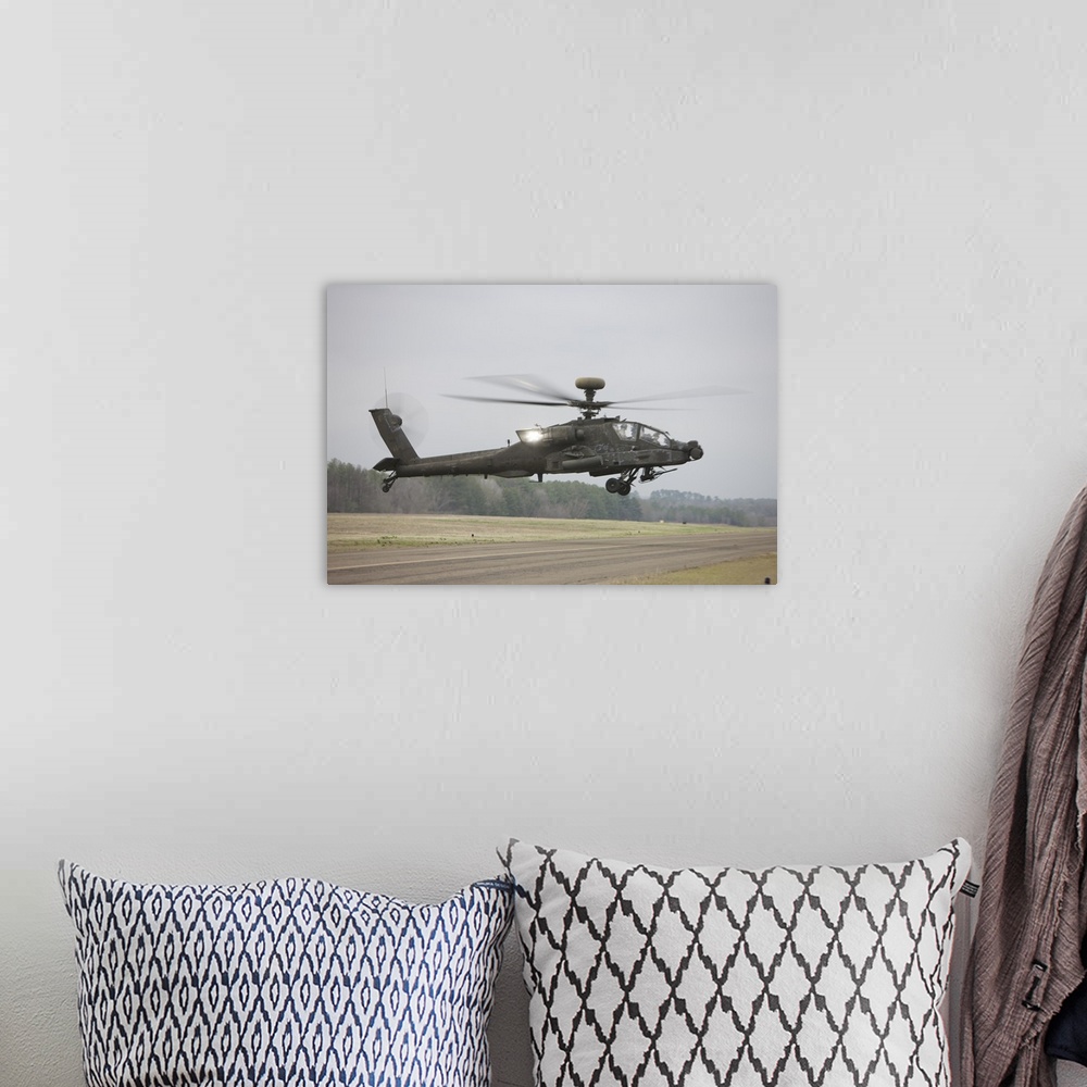 A bohemian room featuring An AH-64 Apache helicopter in midair, Conroe, Texas.