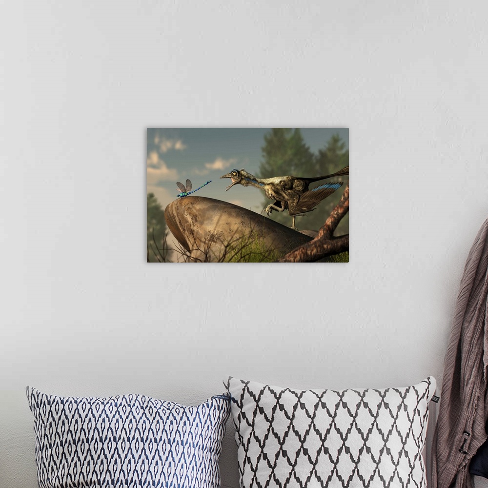 A bohemian room featuring An Archaeopteryx stalks a dragonfly on a rock.