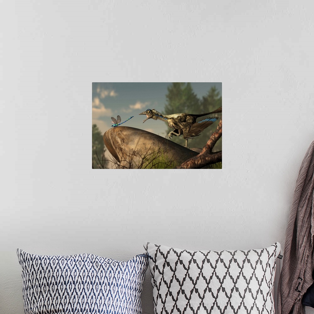 A bohemian room featuring An Archaeopteryx stalks a dragonfly on a rock.