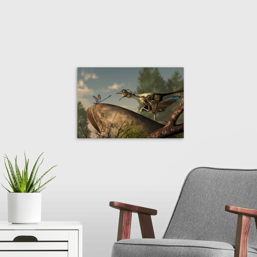 A modern room featuring An Archaeopteryx stalks a dragonfly on a rock.