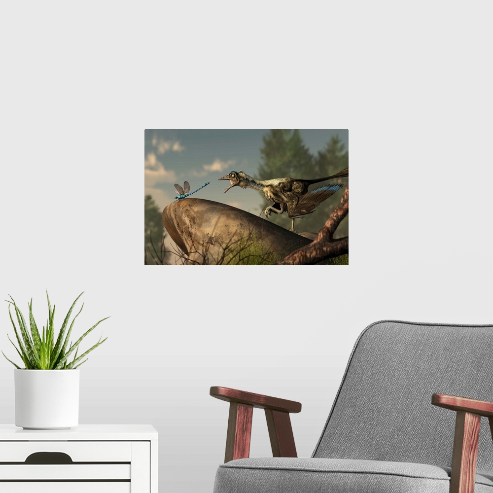 A modern room featuring An Archaeopteryx stalks a dragonfly on a rock.