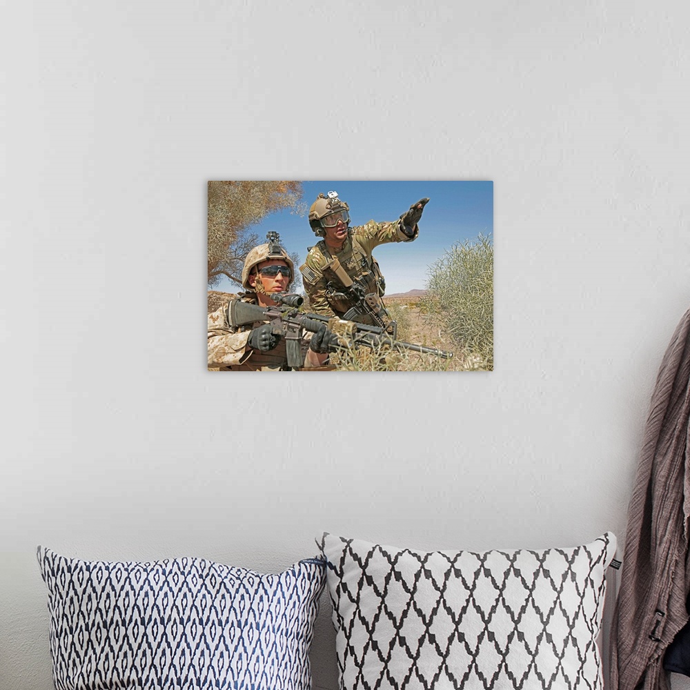 A bohemian room featuring An Army soldier informs a Marine on the current situation while providing security.