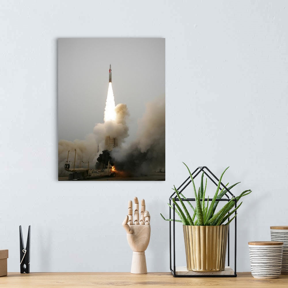 A bohemian room featuring An Arrow anti-ballistic missile interceptor is launched from its mobile platform