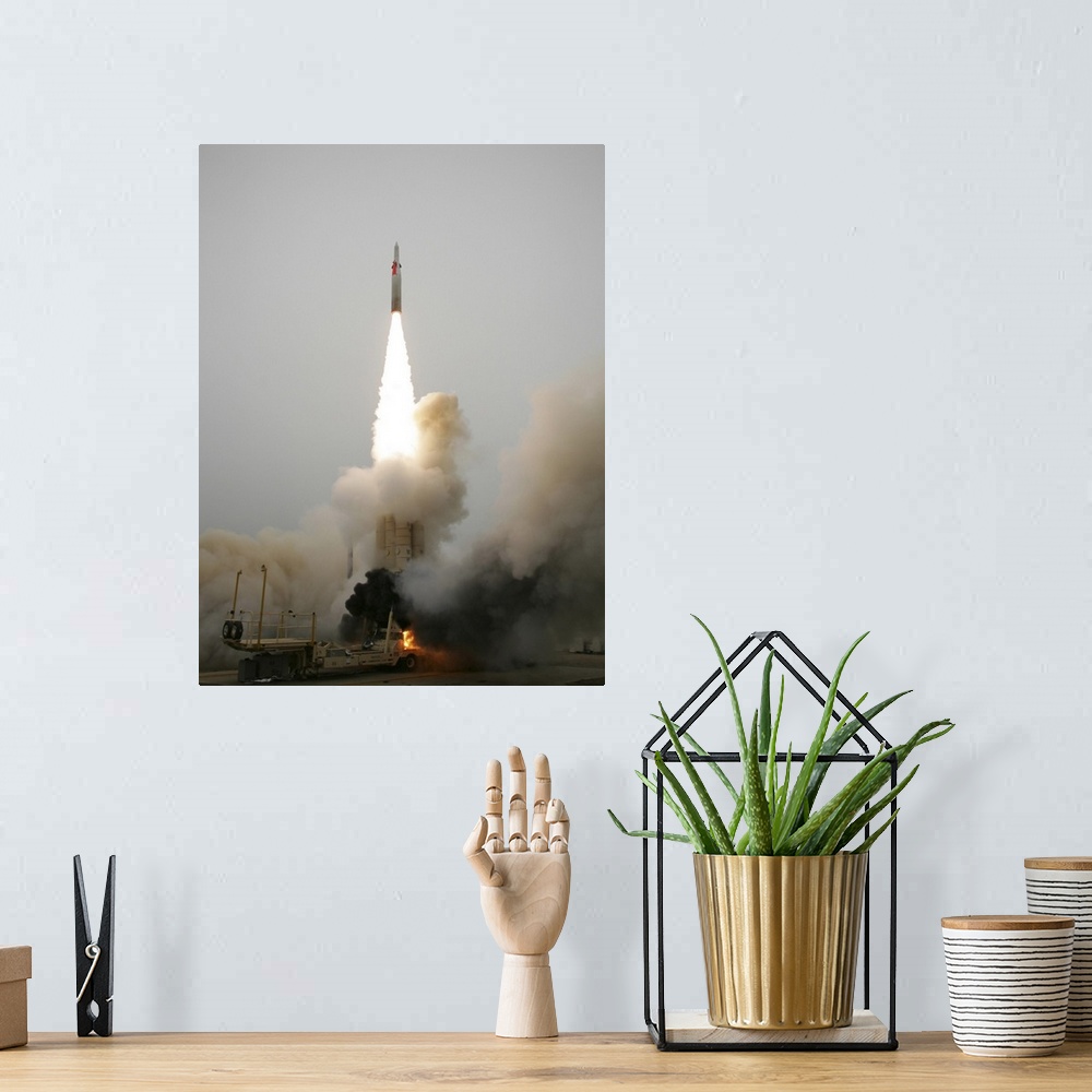 A bohemian room featuring An Arrow anti-ballistic missile interceptor is launched from its mobile platform