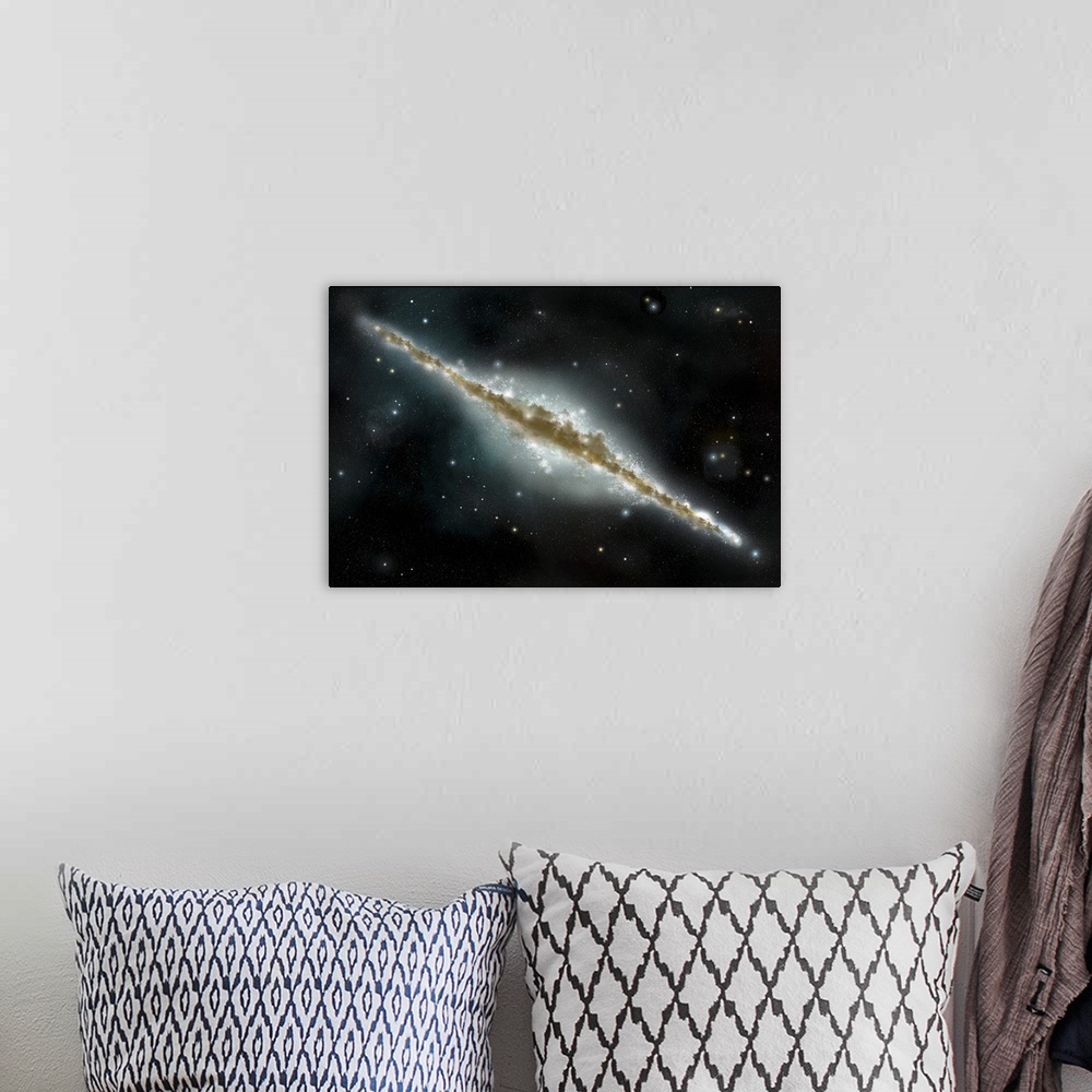 A bohemian room featuring An artist's depiction of a large spiral galaxy viewed from edge on.