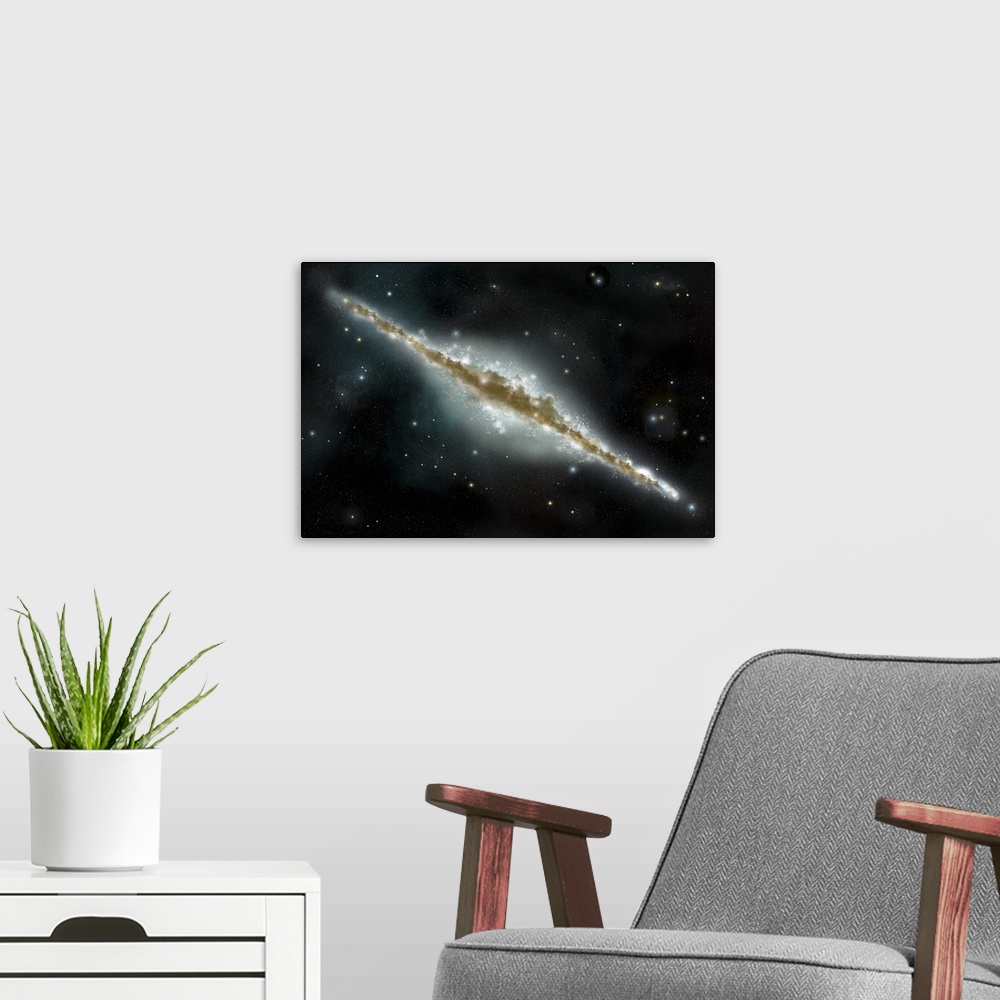 A modern room featuring An artist's depiction of a large spiral galaxy viewed from edge on.