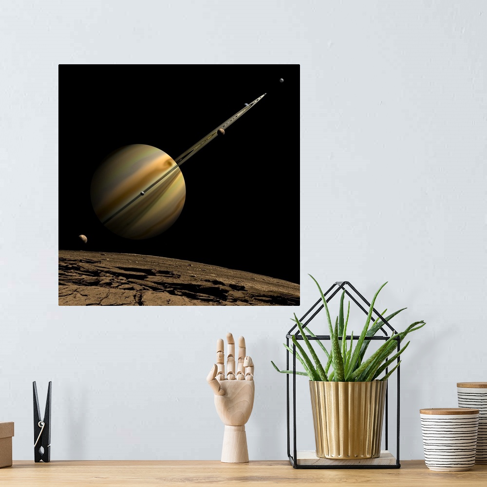 A bohemian room featuring An artist's depiction of a ringed gas giant planet with six moons.