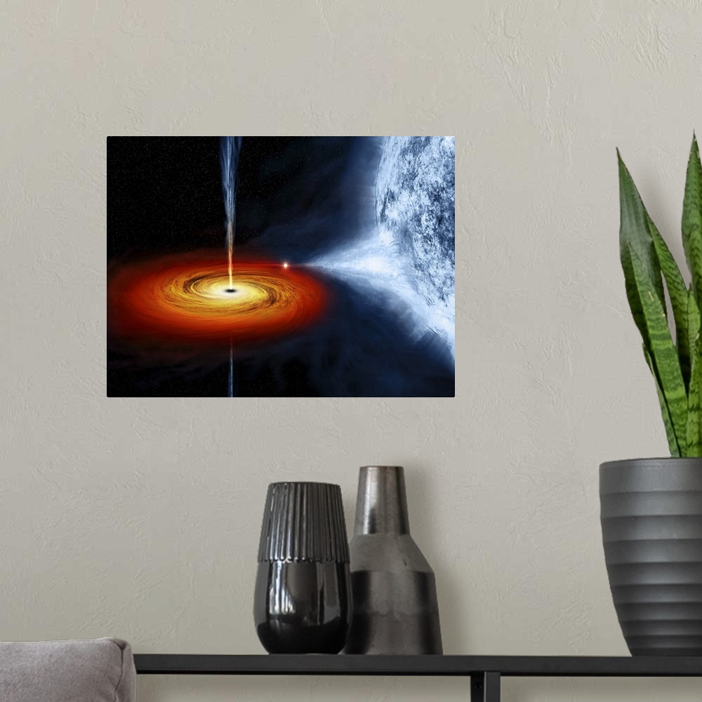 A modern room featuring An artist's illustration of the Cygnus X-1 system.