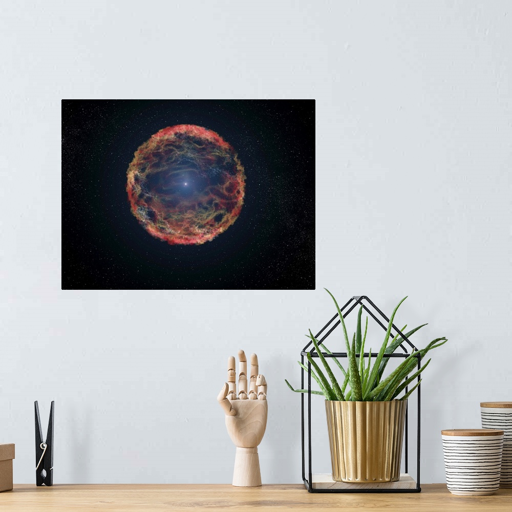 A bohemian room featuring An artist's impression of supernova 1993J, an exploding star in the galaxy M81 whose light reache...