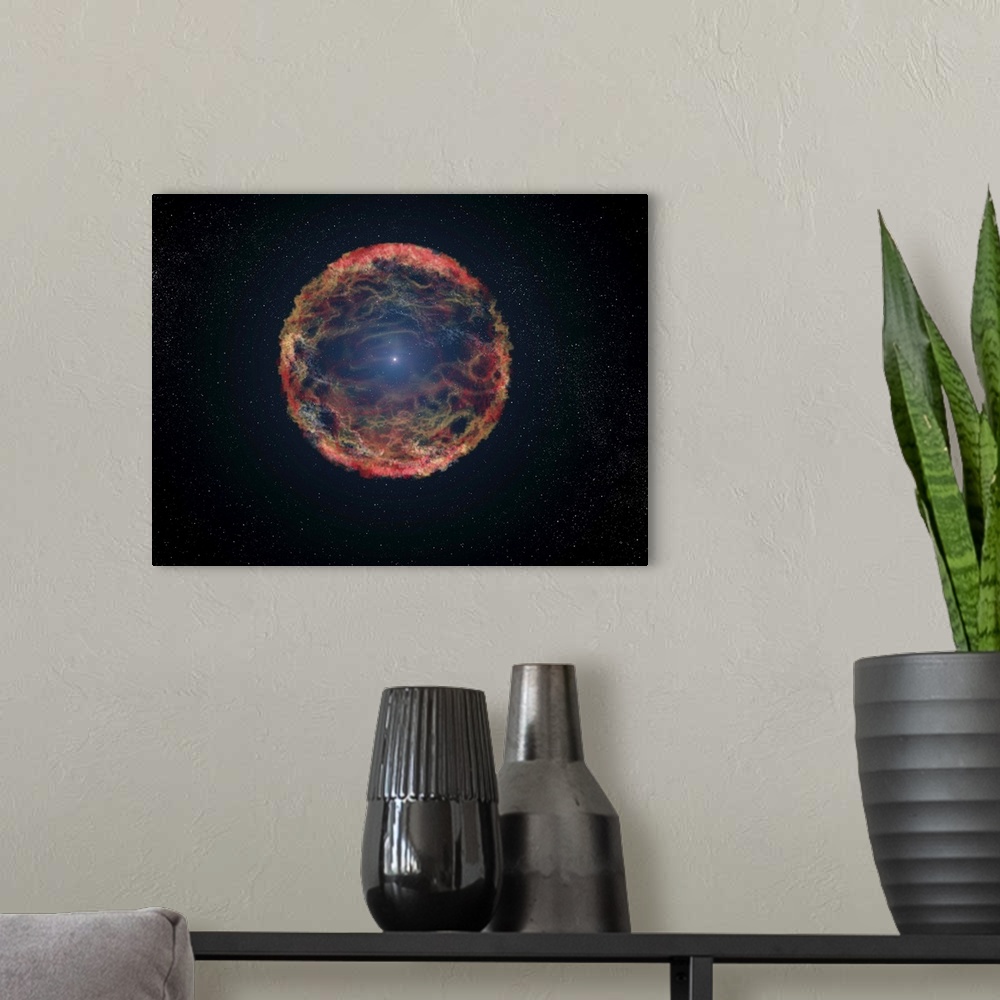 A modern room featuring An artist's impression of supernova 1993J, an exploding star in the galaxy M81 whose light reache...