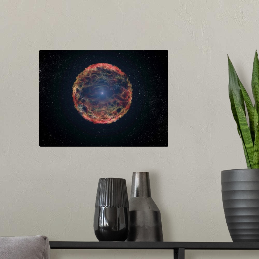 A modern room featuring An artist's impression of supernova 1993J, an exploding star in the galaxy M81 whose light reache...