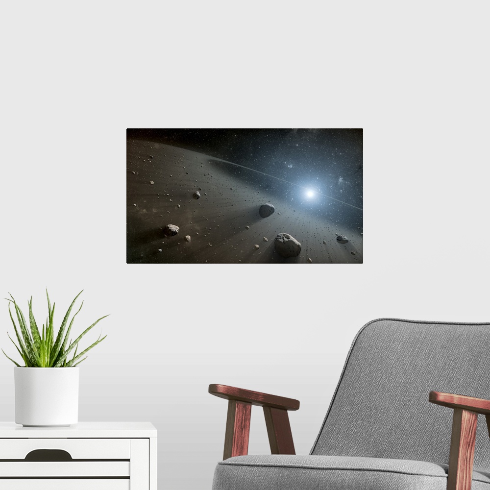 A modern room featuring This artist's concept illustrates an asteroid belt around the bright star Vega.