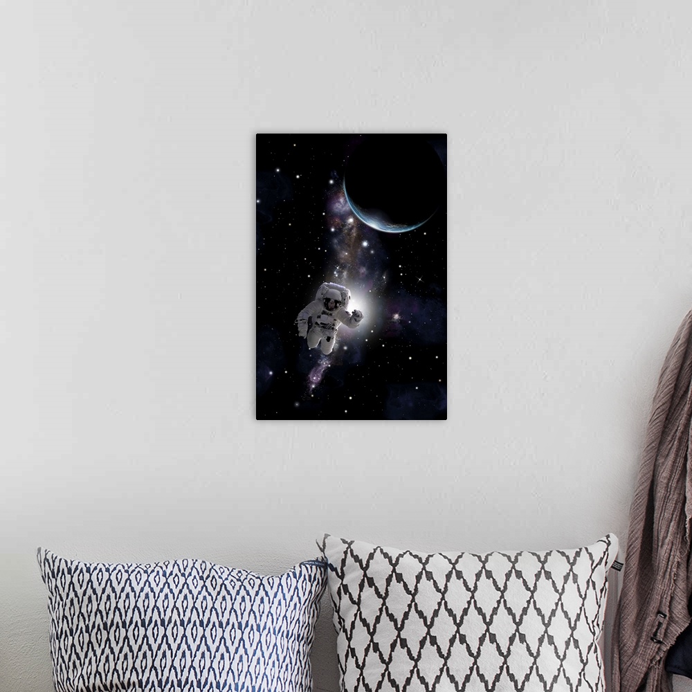 A bohemian room featuring Artist's concept of an astronaut floating in outer space.