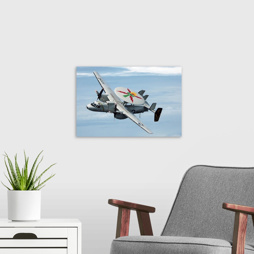A modern room featuring An E-2C Hawkeye in flight.