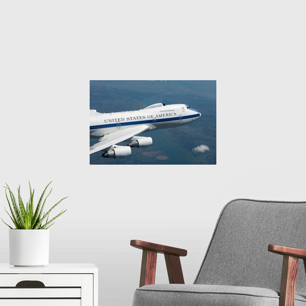 A modern room featuring An E-4B National Airborne Operations Center (NAOC) aircraft flies high over the Midwest on a trai...