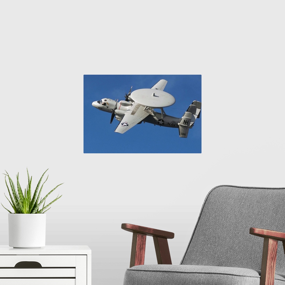 A modern room featuring An E2C Hawkeye in flight