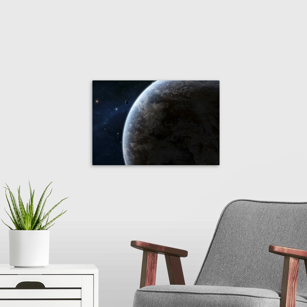 A modern room featuring An earth-like planet in the middle of a calm area of space.