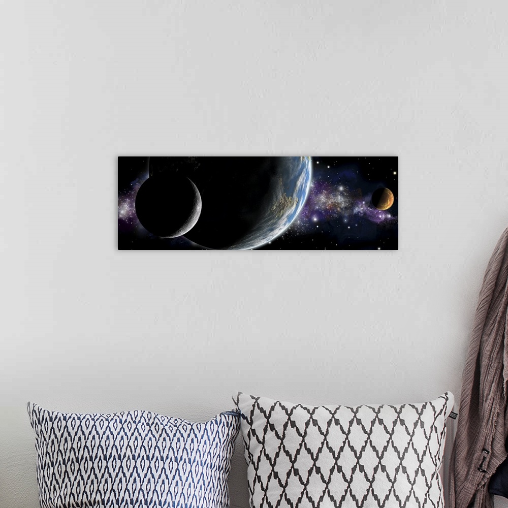 A bohemian room featuring Artist's depiction of an Earth-like planet with orbiting moon and a red planet.