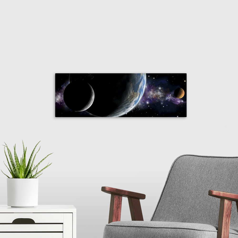 A modern room featuring Artist's depiction of an Earth-like planet with orbiting moon and a red planet.