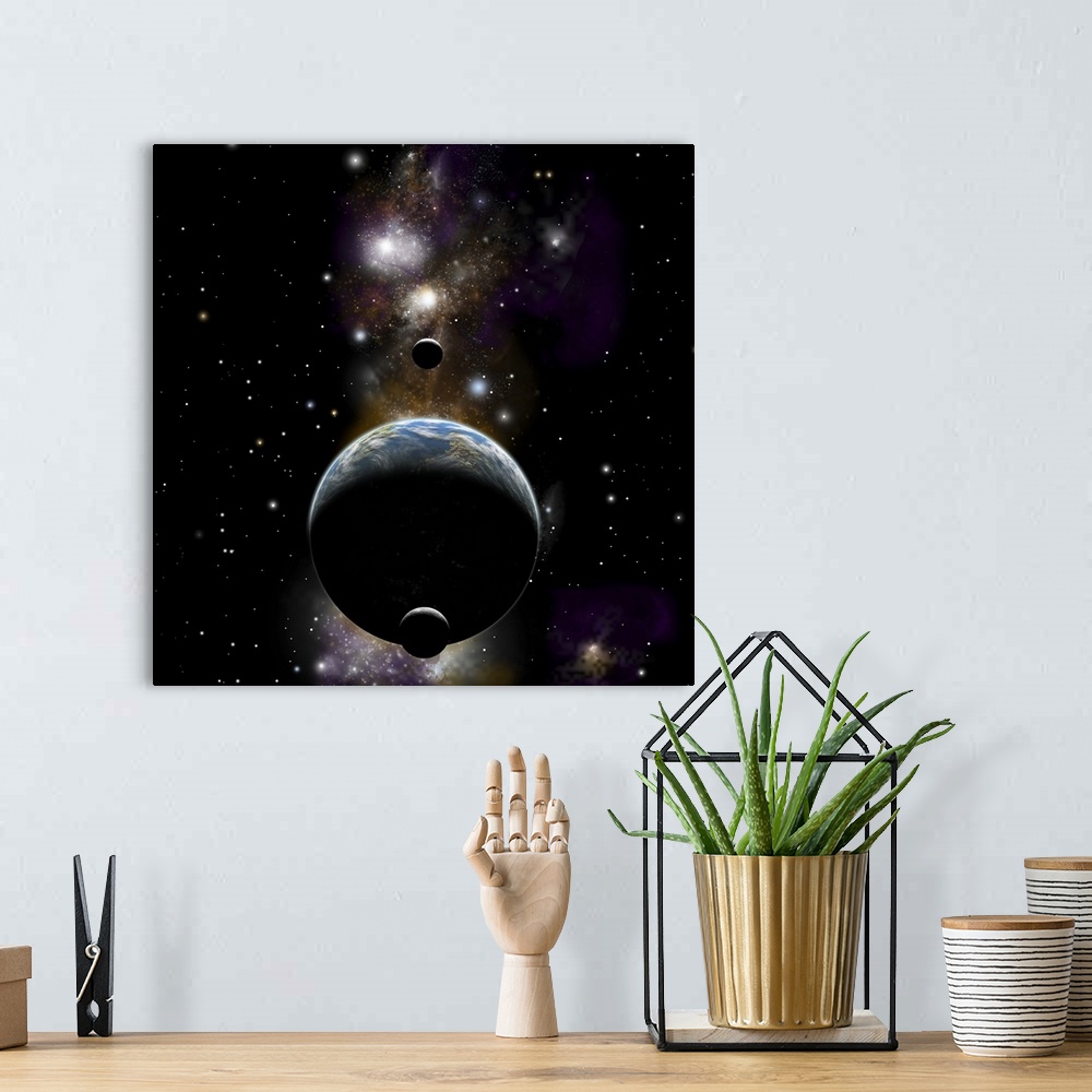 A bohemian room featuring An Earth type world with two moons against a background of nebula and stars.