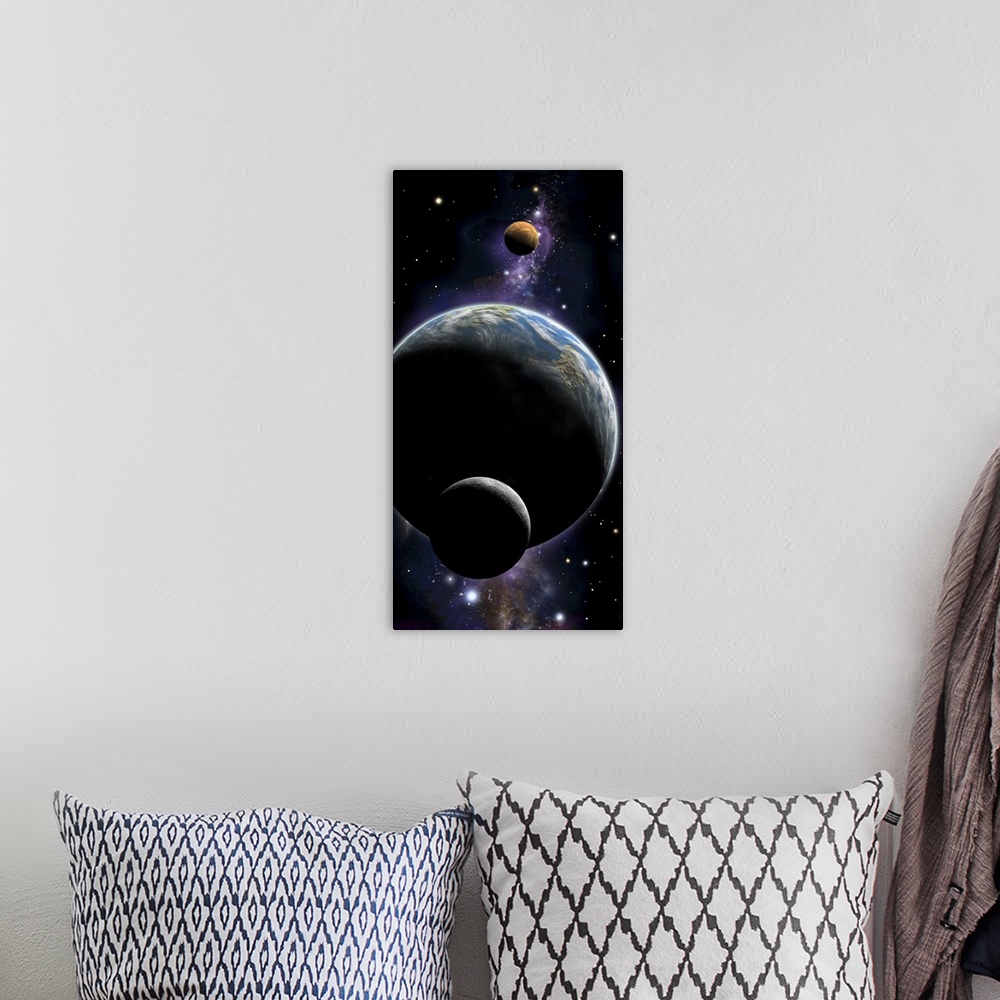 A bohemian room featuring An artist's depiction of an Earth type world with two orbiting moons.