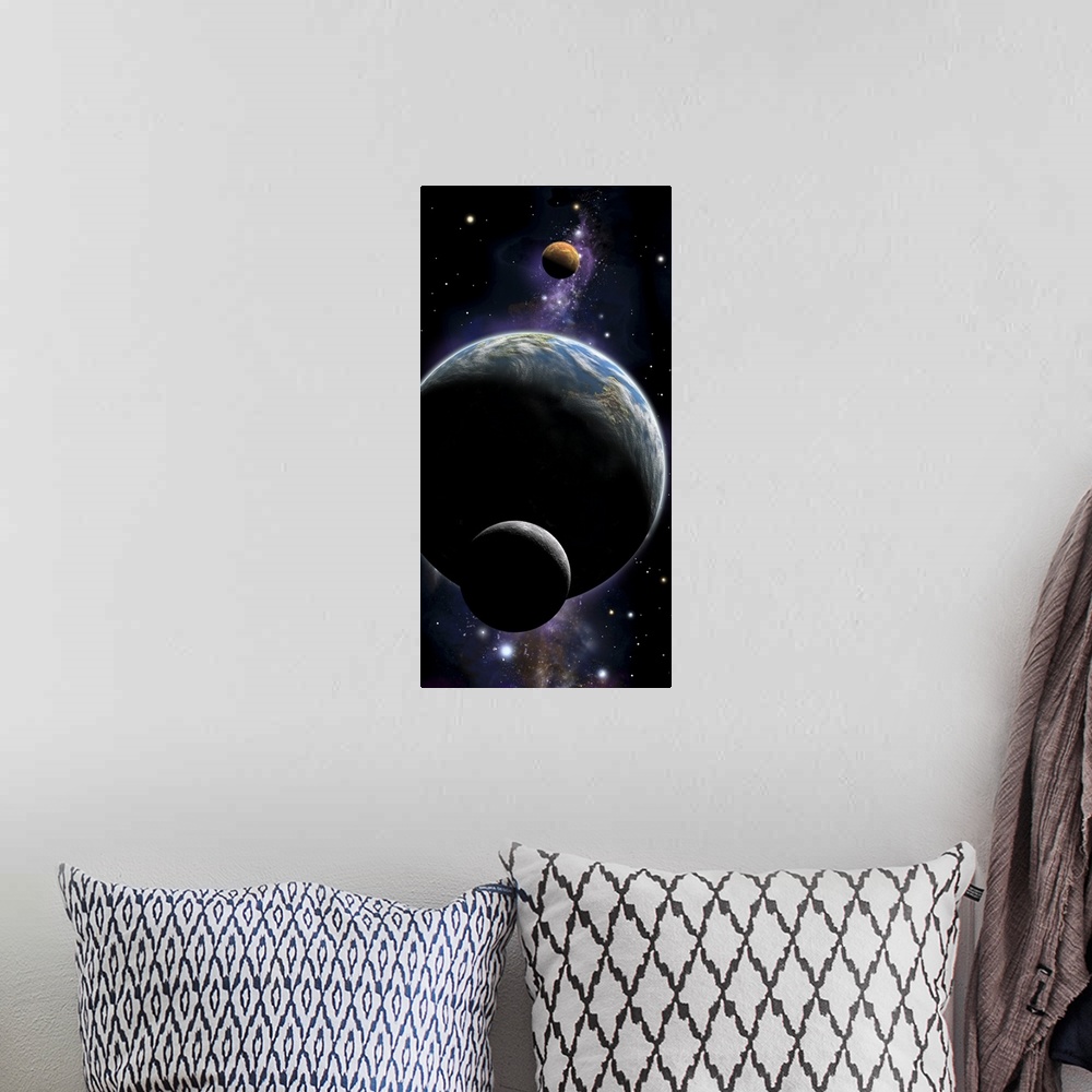 A bohemian room featuring An artist's depiction of an Earth type world with two orbiting moons.