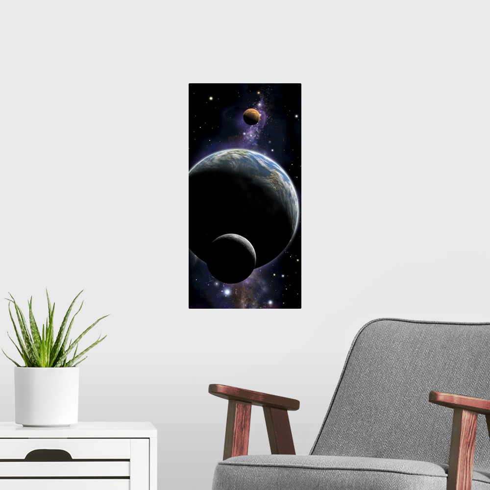A modern room featuring An artist's depiction of an Earth type world with two orbiting moons.