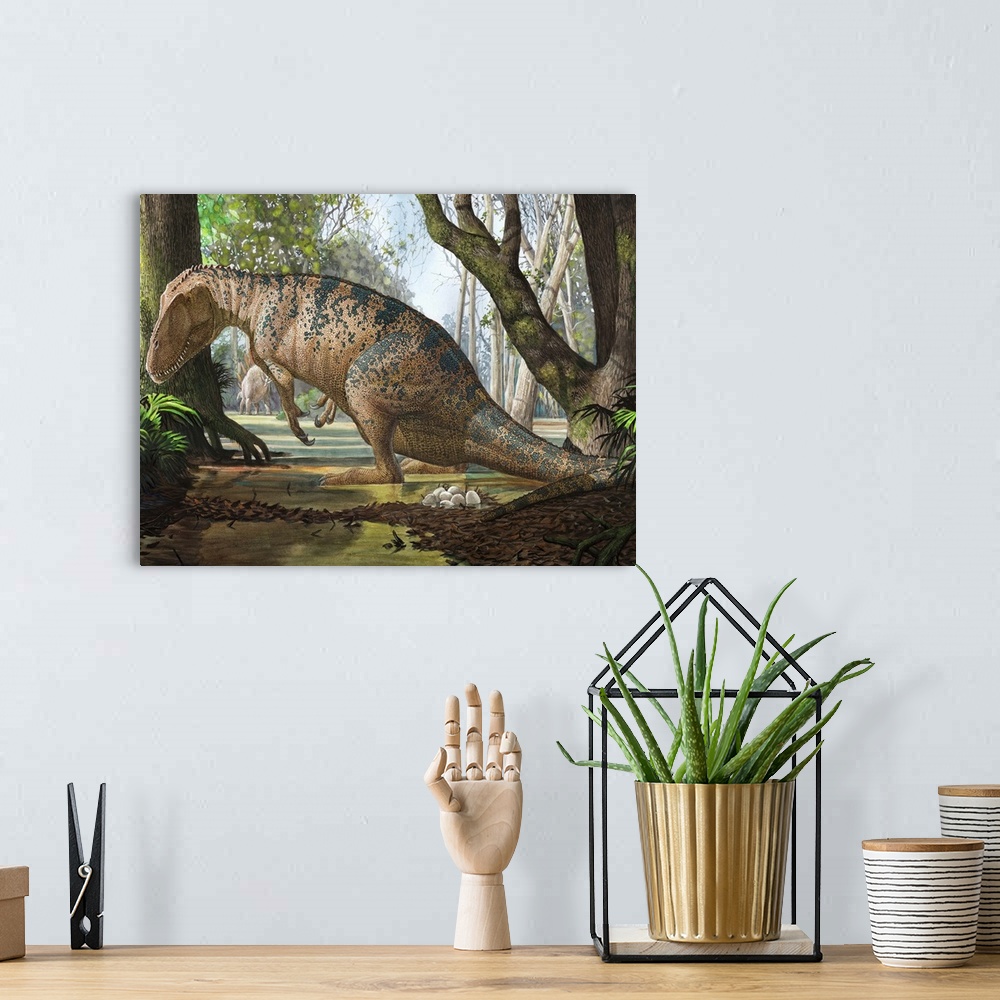 A bohemian room featuring An Edmarka rex dinosaur finds out that his nest has died due to flooding of the Jurassic forest.