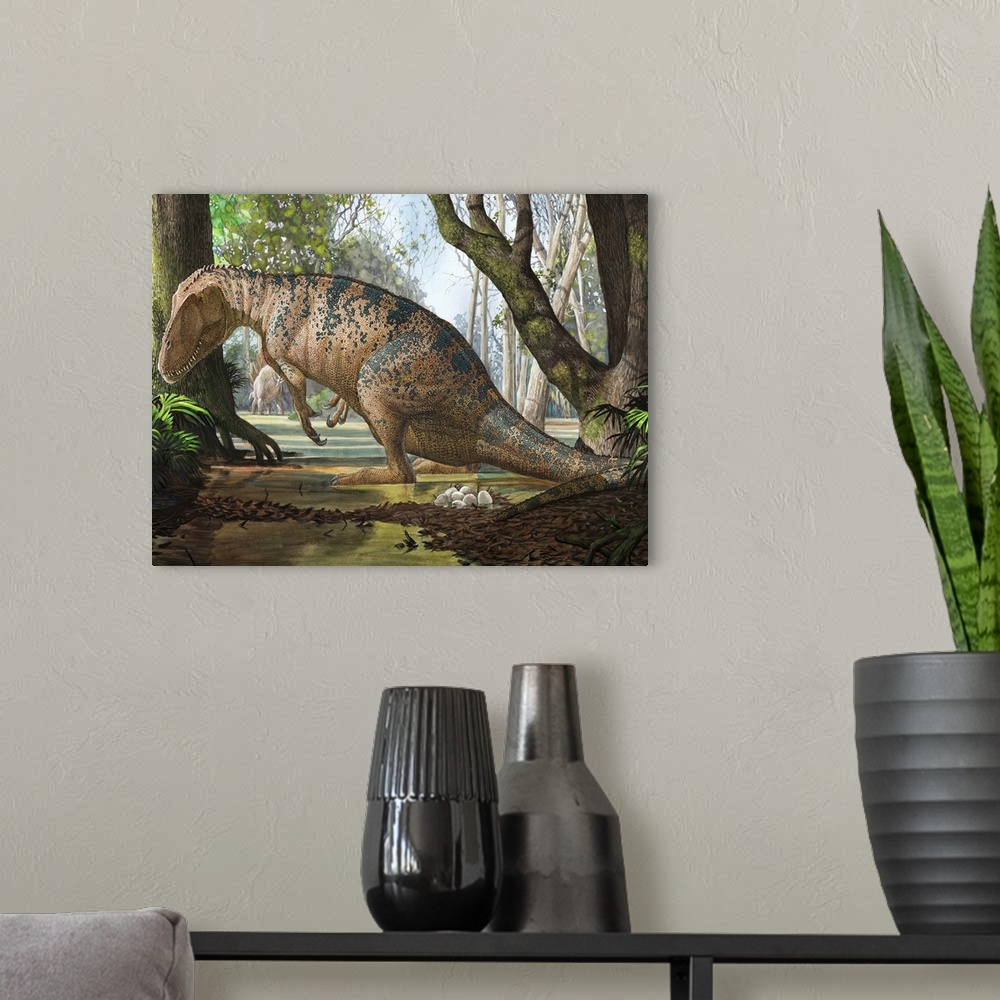 A modern room featuring An Edmarka rex dinosaur finds out that his nest has died due to flooding of the Jurassic forest.