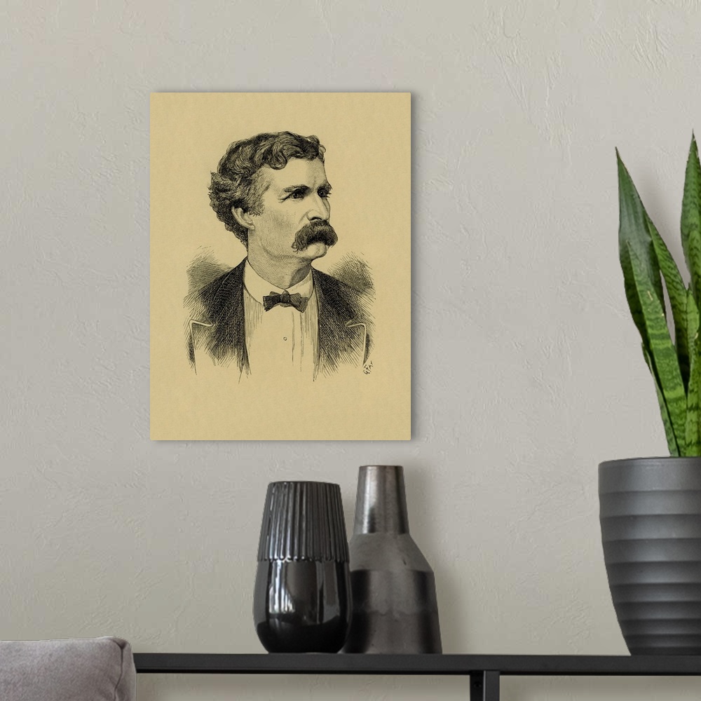 A modern room featuring An engraved portrait print of Mark Twain.