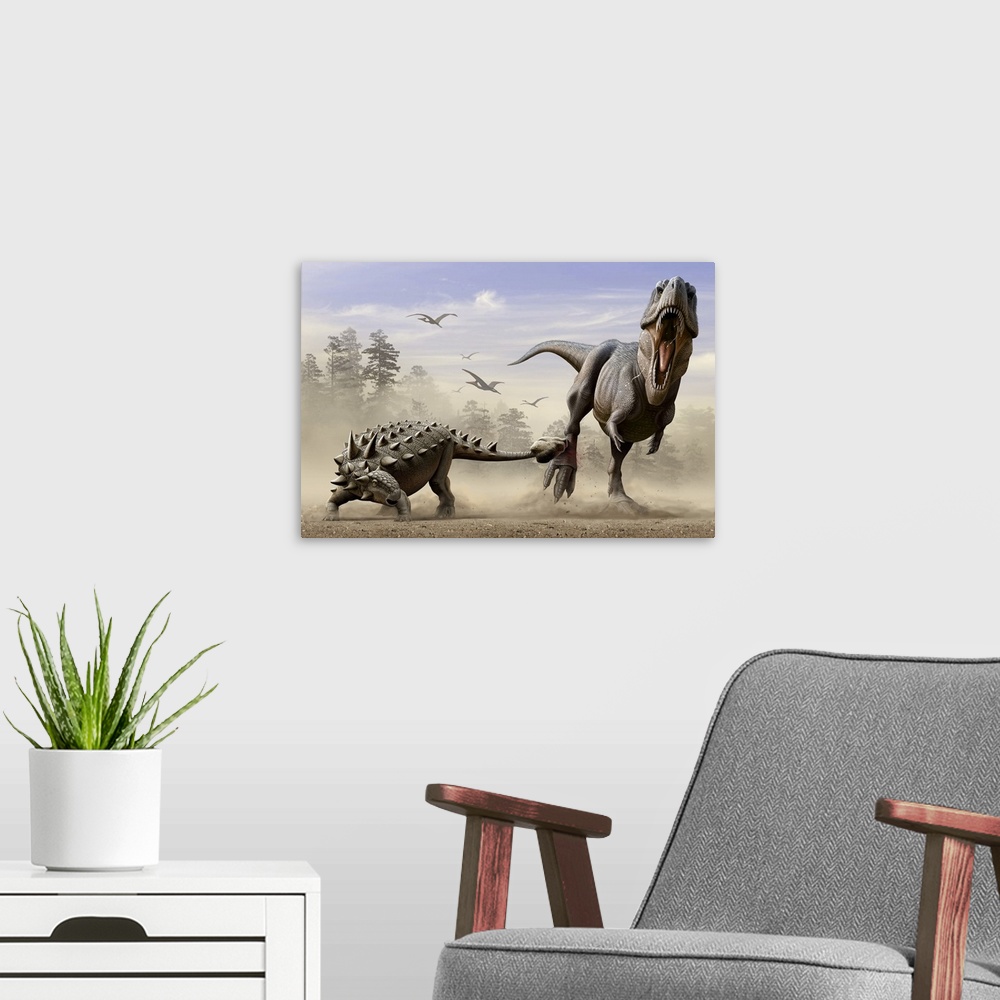 A modern room featuring An Euoplocephalus hits T-Rex's foot by its mace like tail in self-defense.