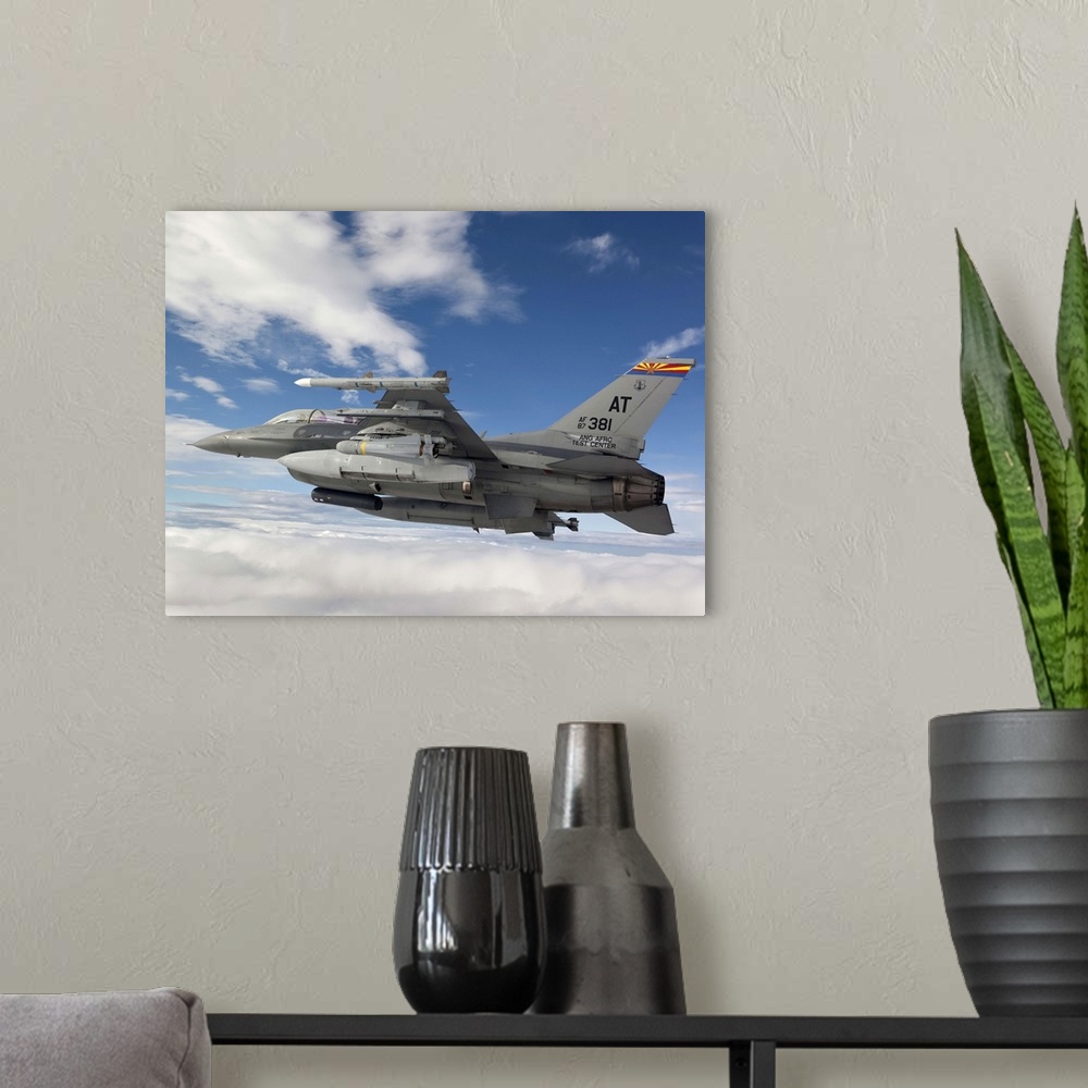 A modern room featuring An F-16 Fighting Falcon from the Air National Guard Air Force Reserve Test Center maneuvers with ...