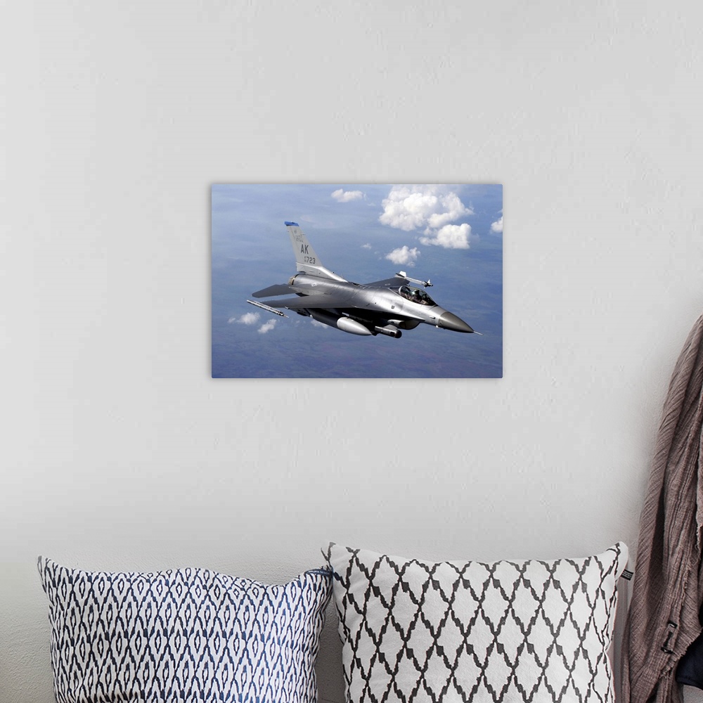 A bohemian room featuring An F-16 Fighting Falcon prepares to refuel from a KC-135 Stratotanker.