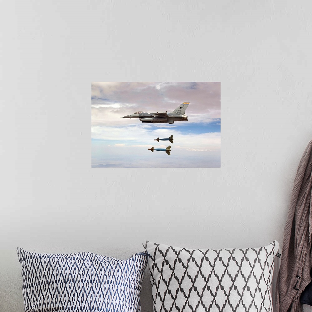 A bohemian room featuring An F-16 Fighting Falcon from the Air National Guard Air Force Reserve Test Center releases two GB...
